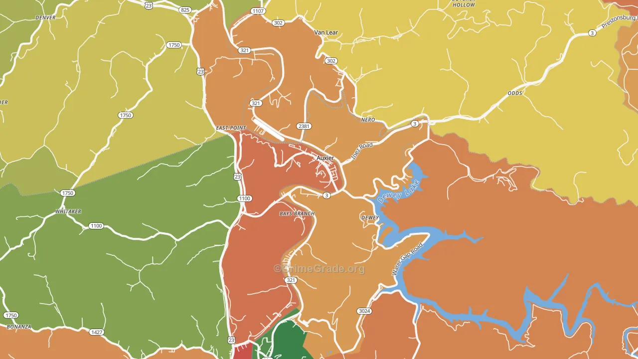 Auxier, KY Map of Robbery Rates