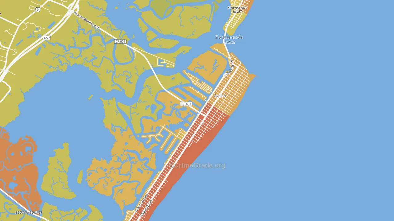 Avalon, NJ Map of Robbery Rates