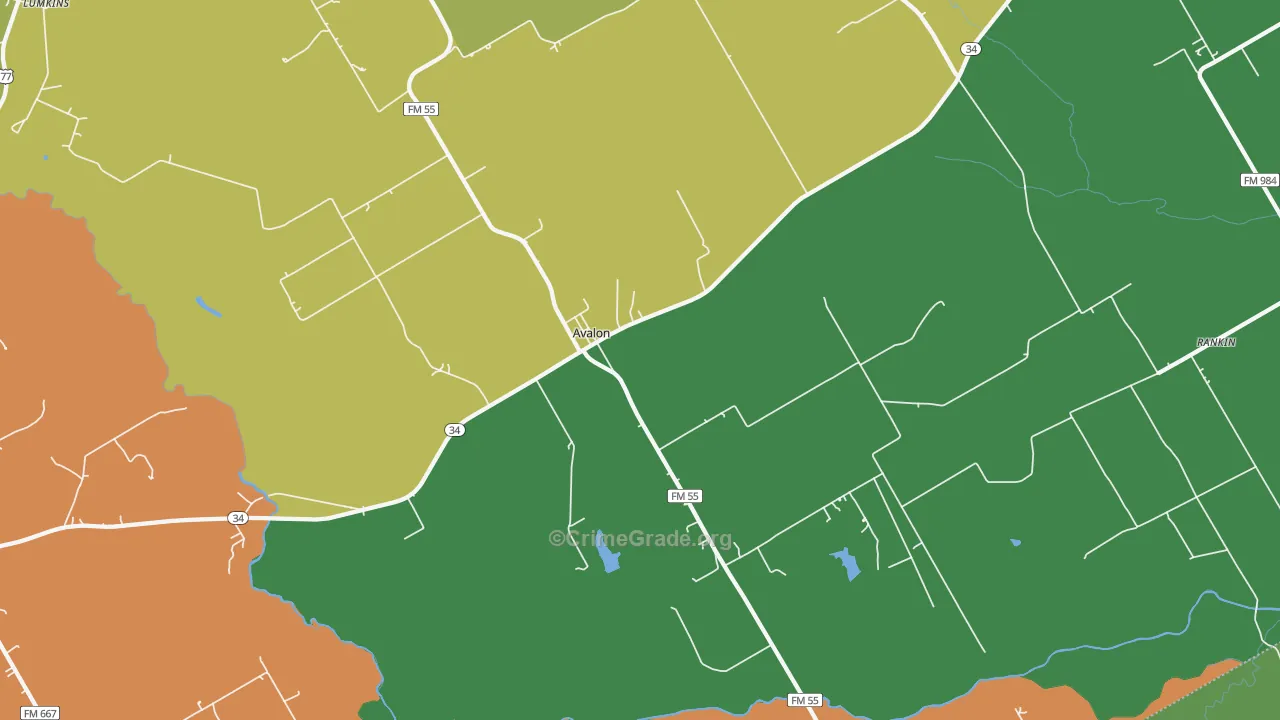 Avalon, TX Map of Robbery Rates