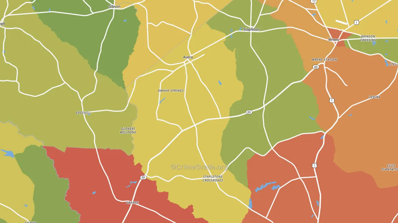 Avera, GA Map of Robbery Rates