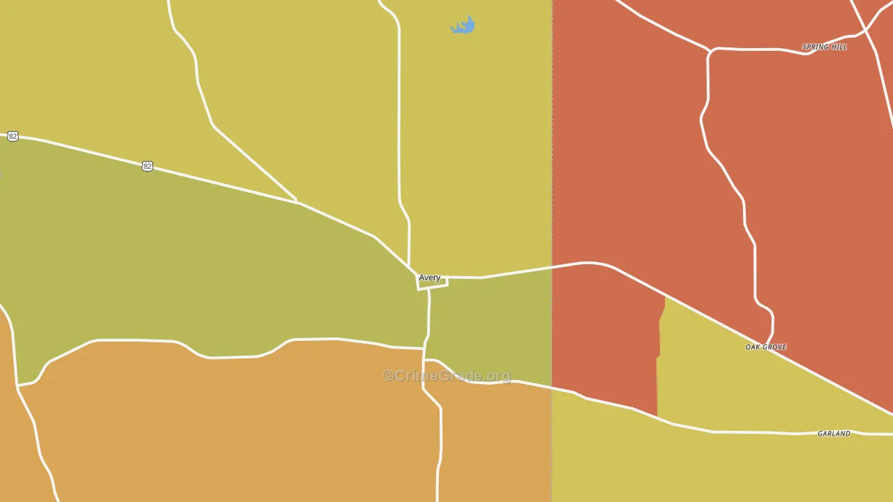Avery, TX Map of Robbery Rates