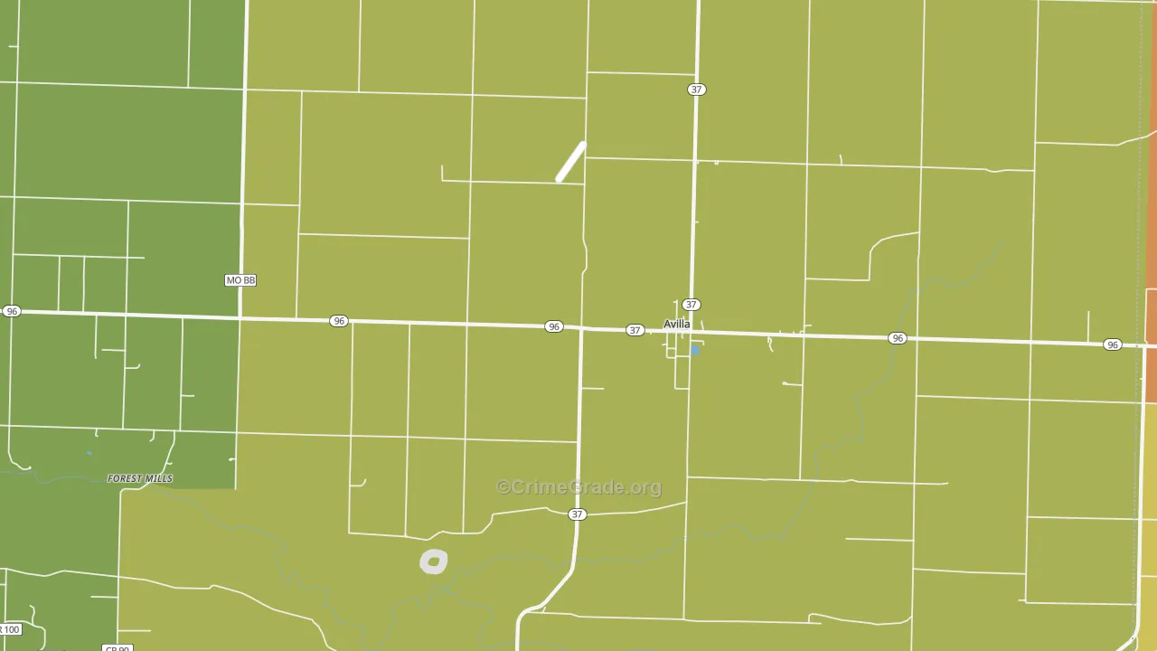 Avilla, MO Map of Robbery Rates