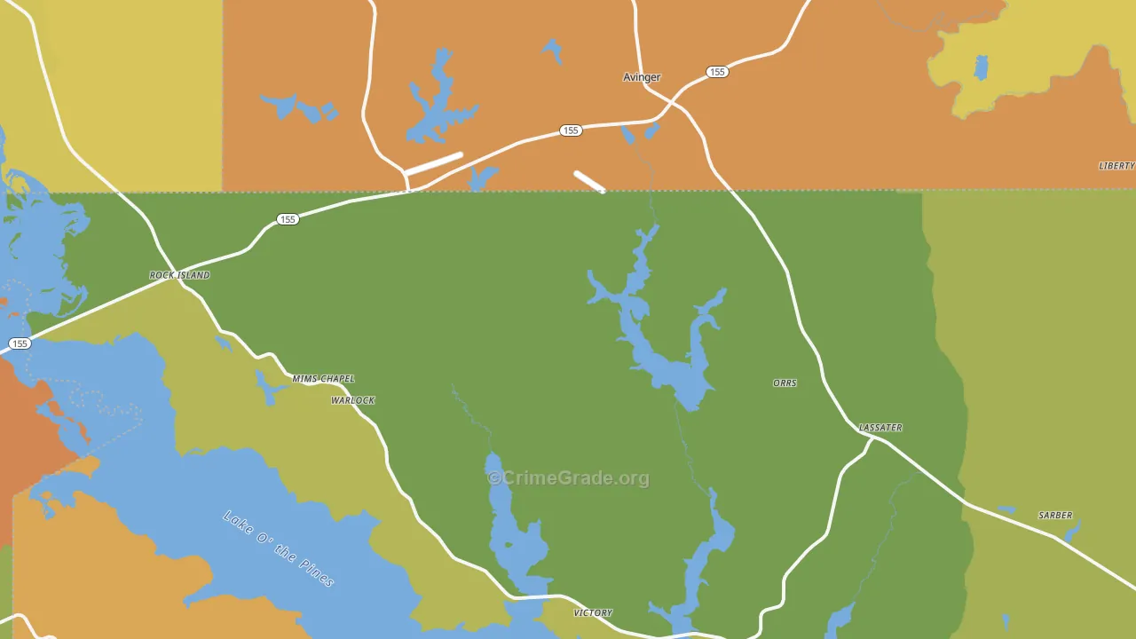 Avinger, TX Map of Robbery Rates
