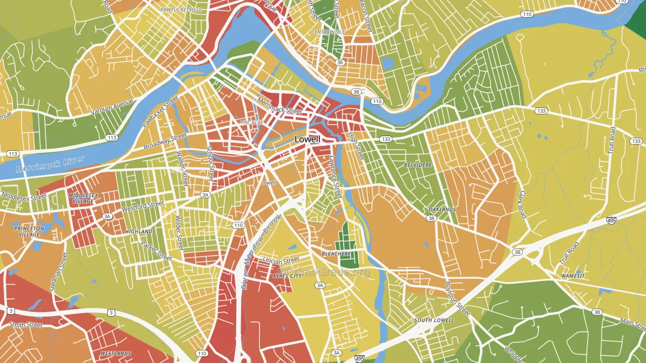 Back Central, Lowell, MA Map of Robbery Rates