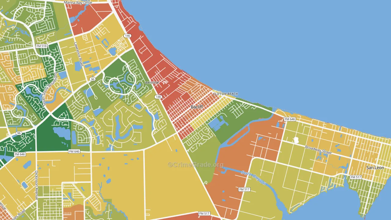 Bacliff, TX Map of Robbery Rates