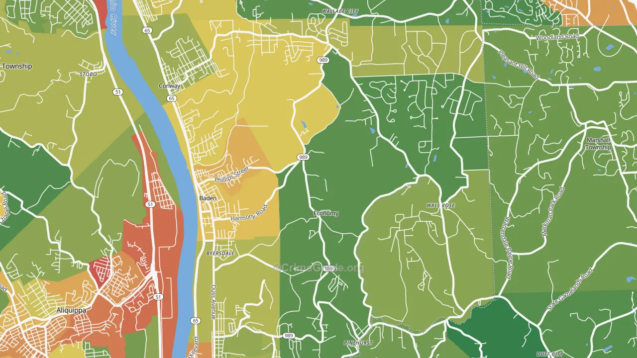 Baden, PA Map of Robbery Rates