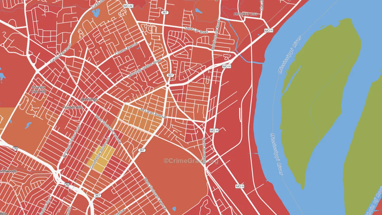 Baden, St. Louis, MO Map of Robbery Rates