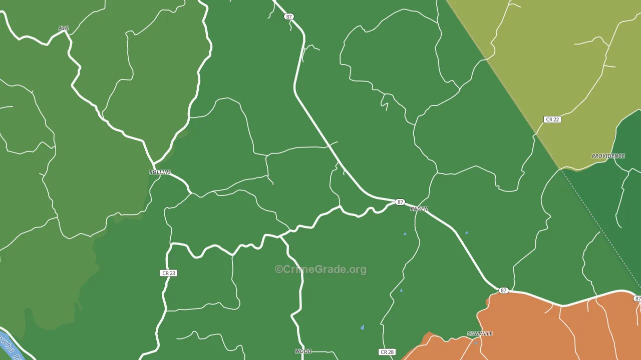 Baden, WV Map of Robbery Rates