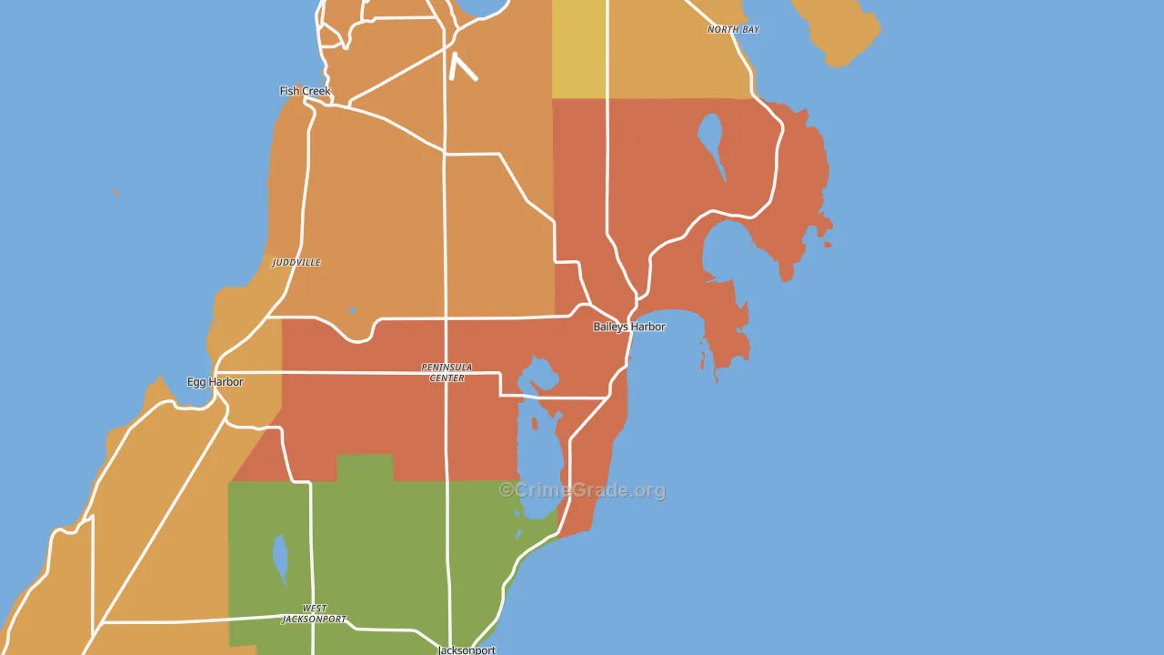 Baileys Harbor, WI Map of Robbery Rates