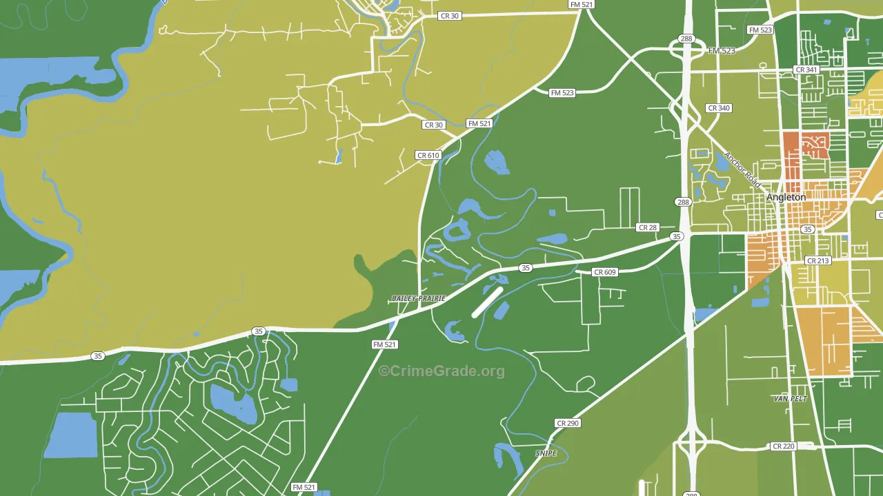 Baileys Prairie, TX Map of Robbery Rates