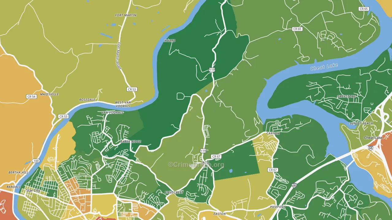 Baker Ridge, WV Map of Robbery Rates