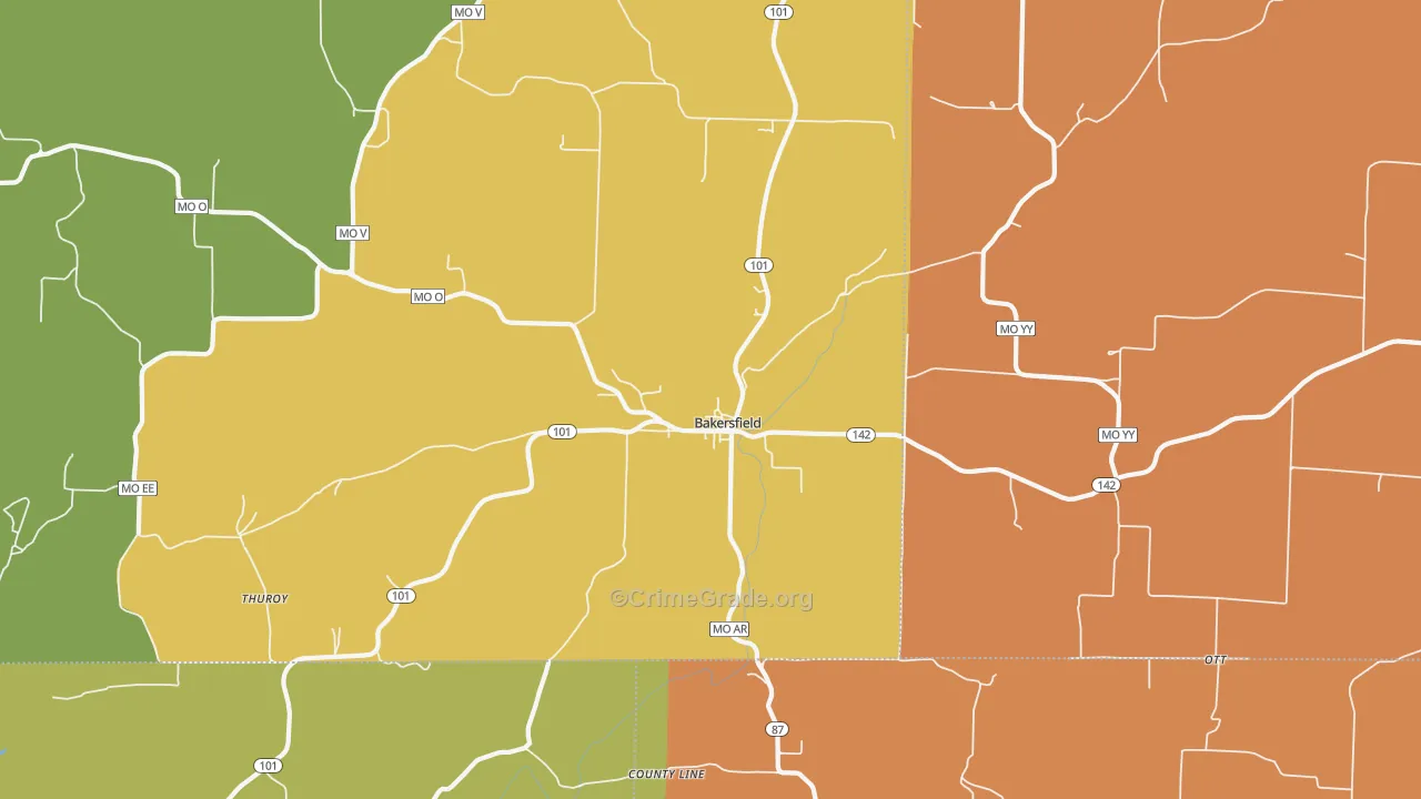 Bakersfield, MO Map of Robbery Rates