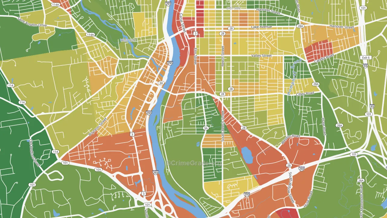 Bakersville, Manchester, NH Map of Robbery Rates