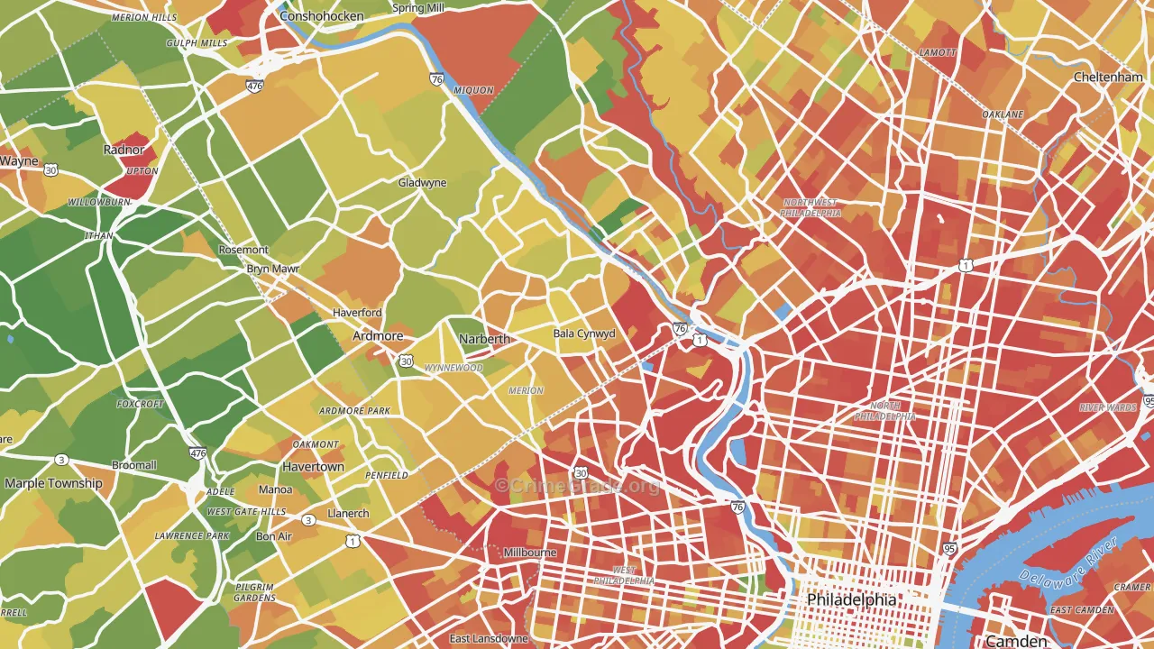 Bala-Cynwyd, PA Map of Robbery Rates
