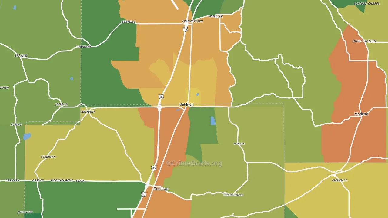 Baldwyn, MS Map of Robbery Rates