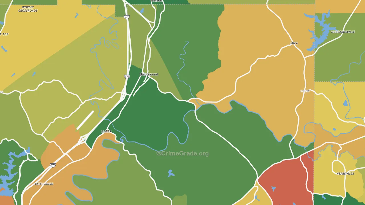 Ball Ground, GA Map of Robbery Rates