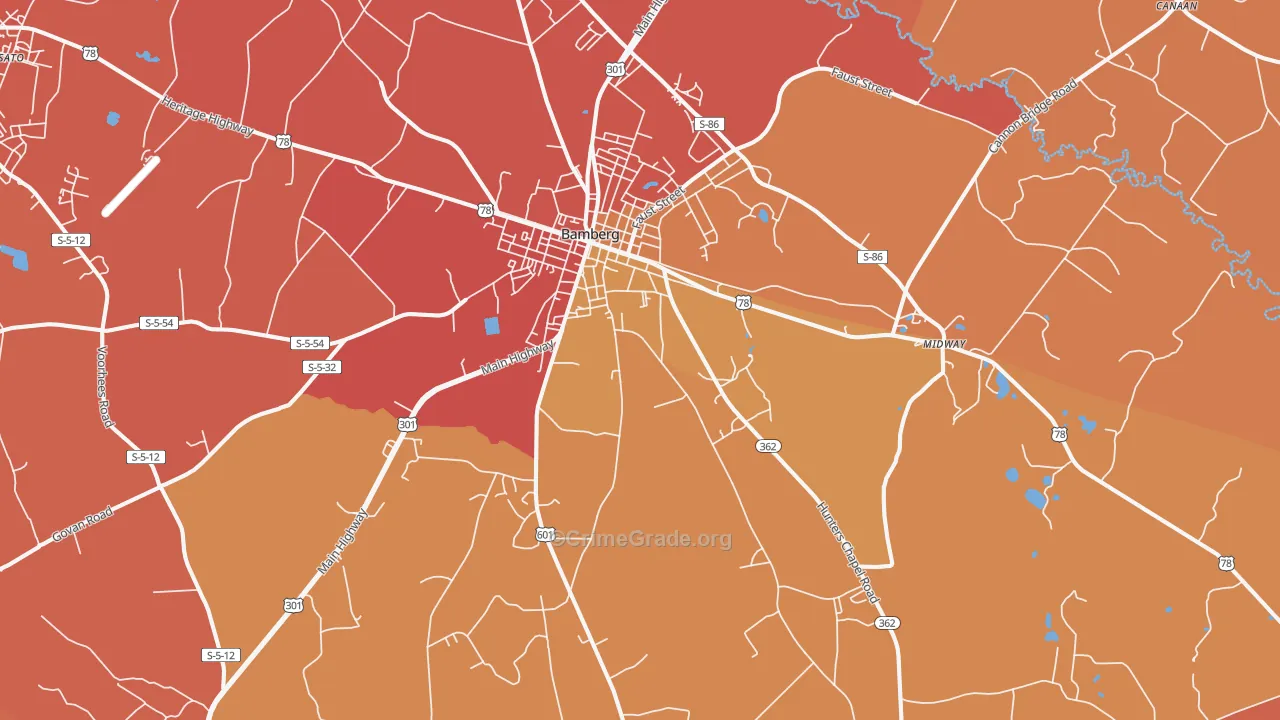 Bamberg, SC Map of Robbery Rates