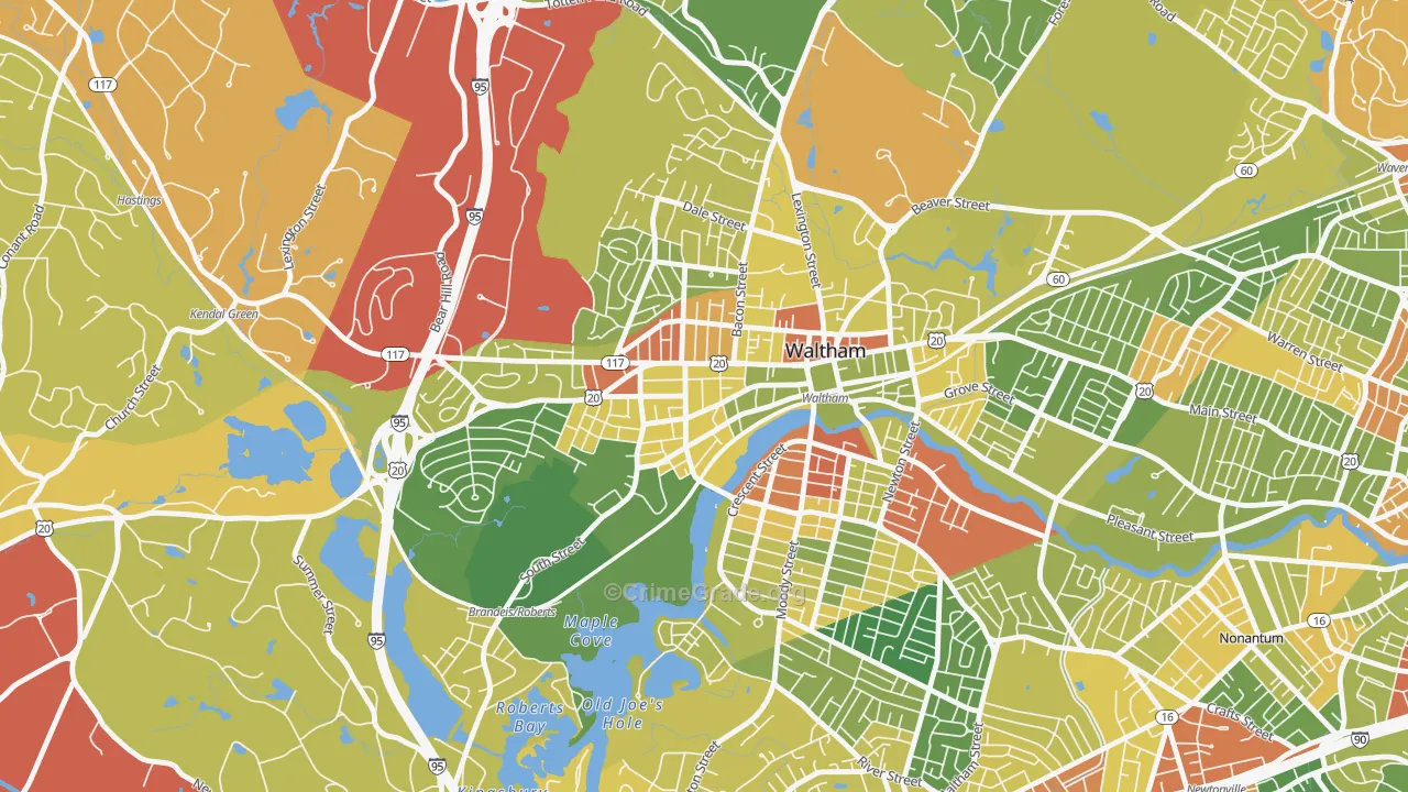 Bank Square, Waltham, MA Map of Robbery Rates