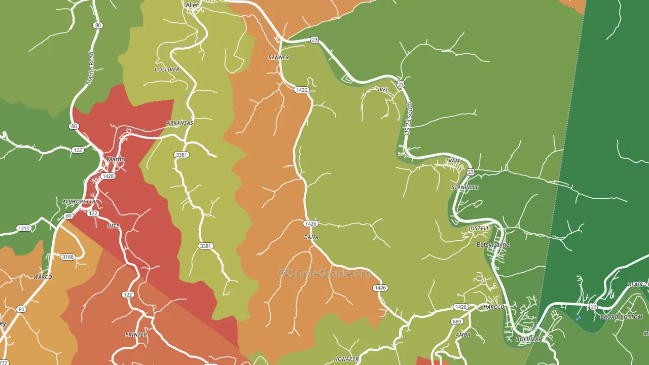 Banner, KY Map of Robbery Rates