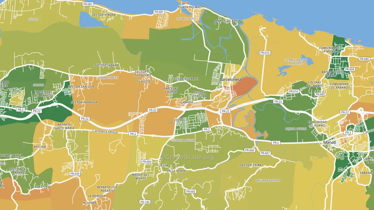 Barceloneta Municipio, PR Map of Robbery Rates