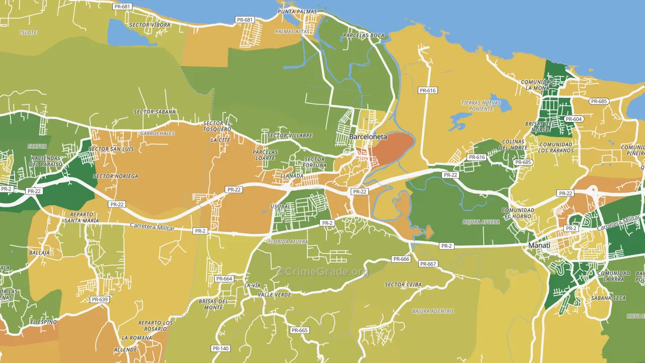 Barceloneta, PR Map of Robbery Rates