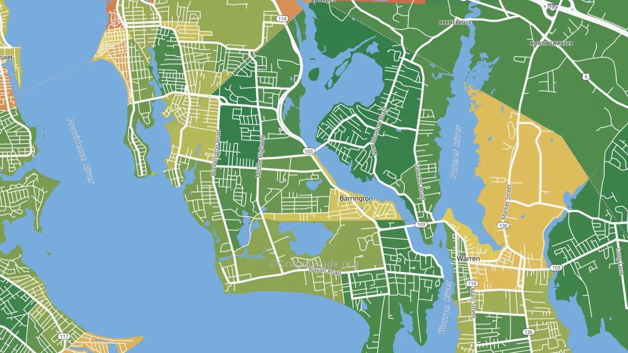 Barrington, RI Map of Robbery Rates