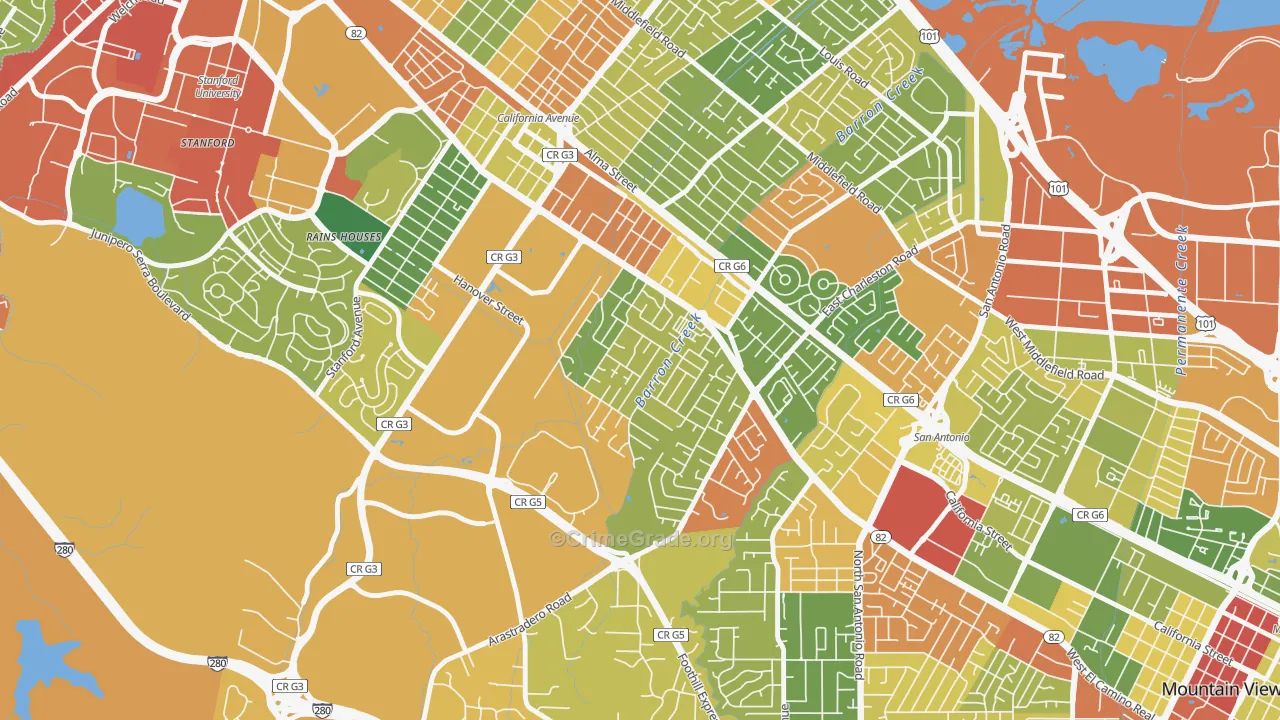 Barron Park, Palo Alto, CA Map of Robbery Rates