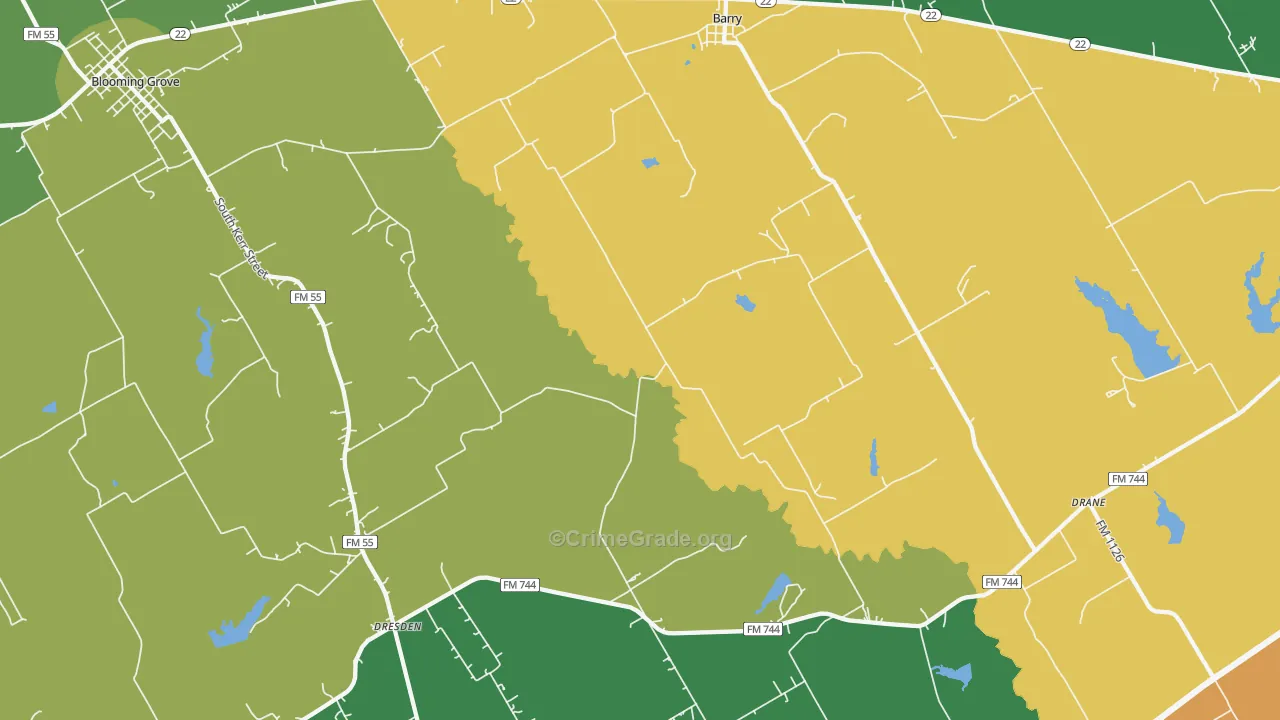 Barry, TX Map of Robbery Rates