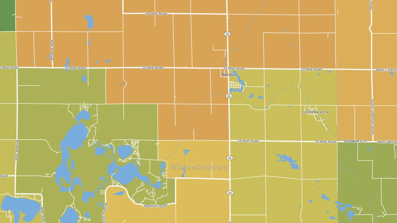 Barryton, MI Map of Robbery Rates
