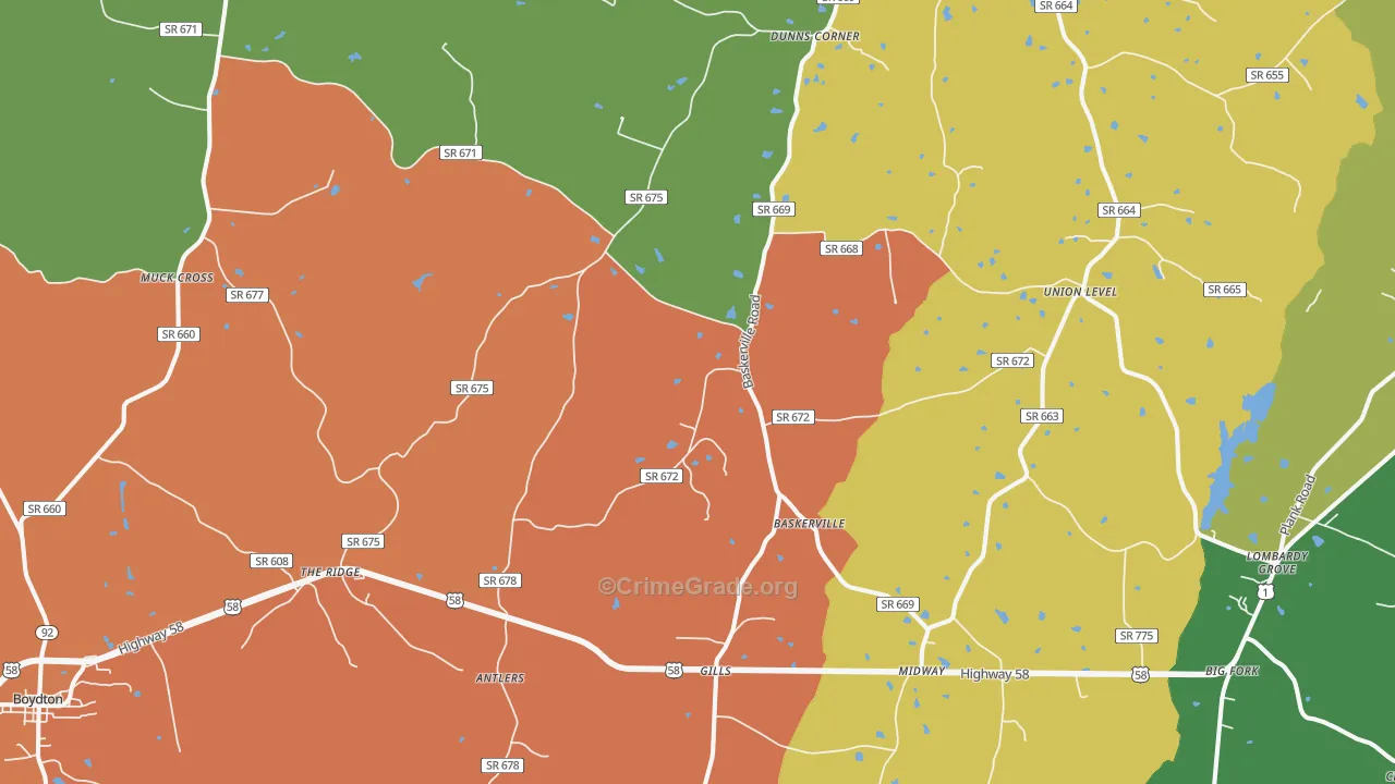 Baskerville, VA Map of Robbery Rates