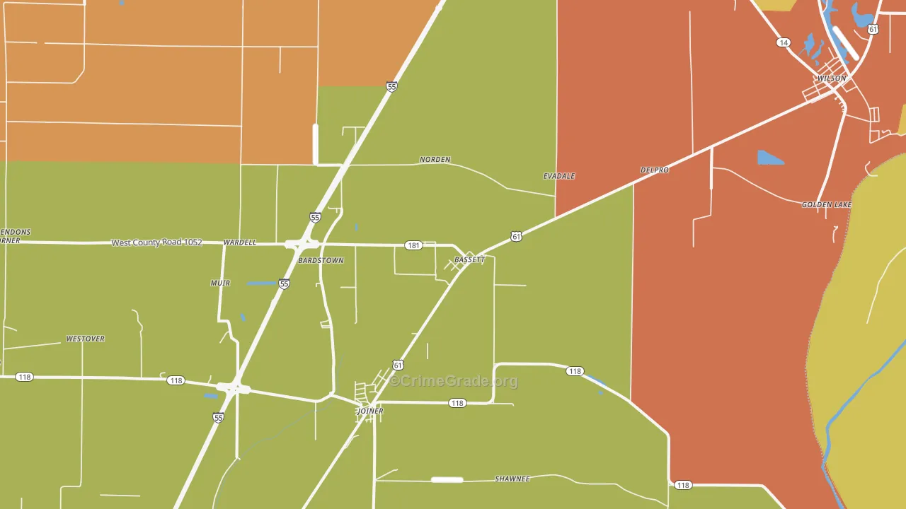 Bassett, AR Map of Robbery Rates