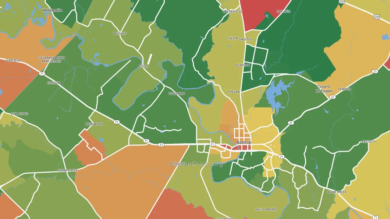 Bastrop County, TX Map of Robbery Rates