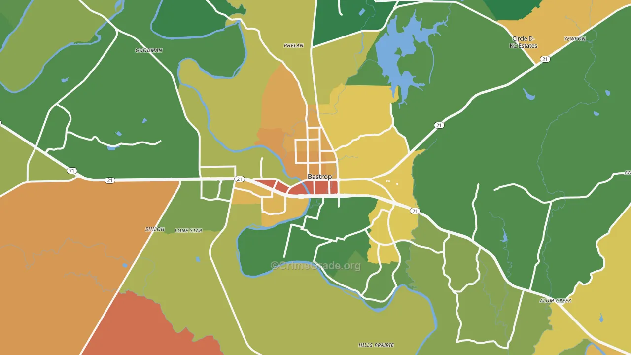 Bastrop, TX Map of Robbery Rates