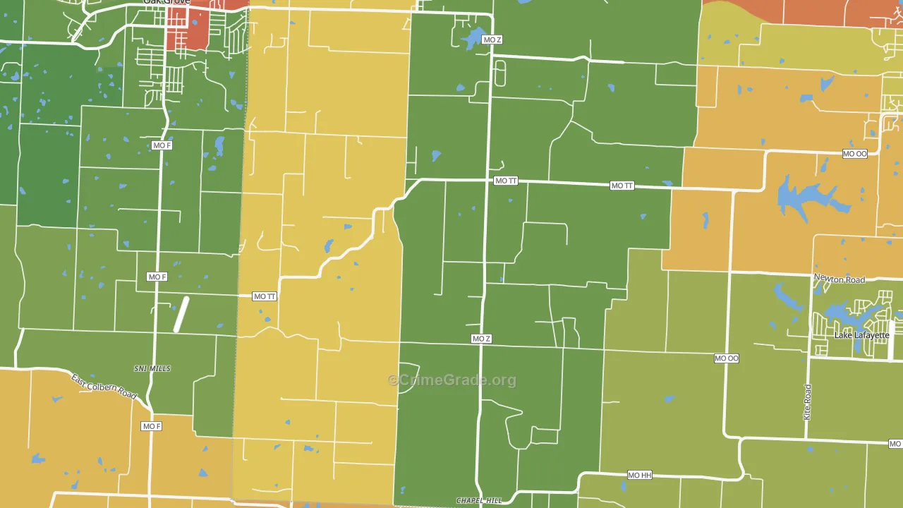 Bates City, MO Map of Robbery Rates