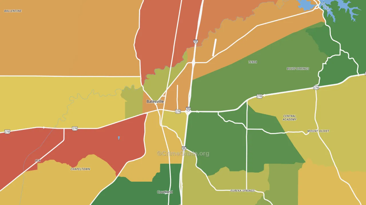 Batesville, MS Map of Robbery Rates
