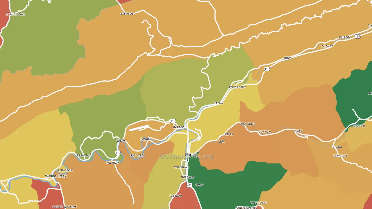 Baxter, KY Map of Robbery Rates