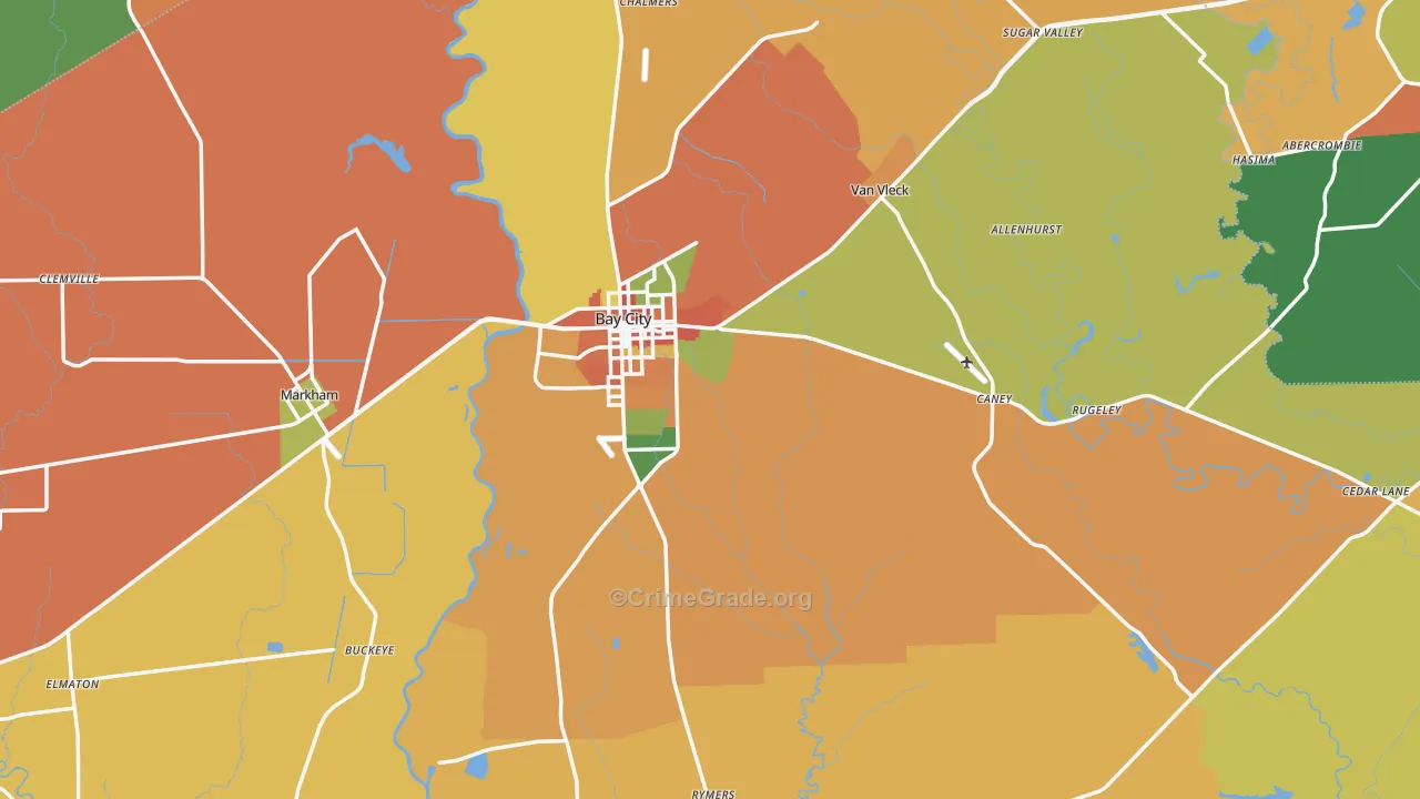 Bay City, TX Map of Robbery Rates