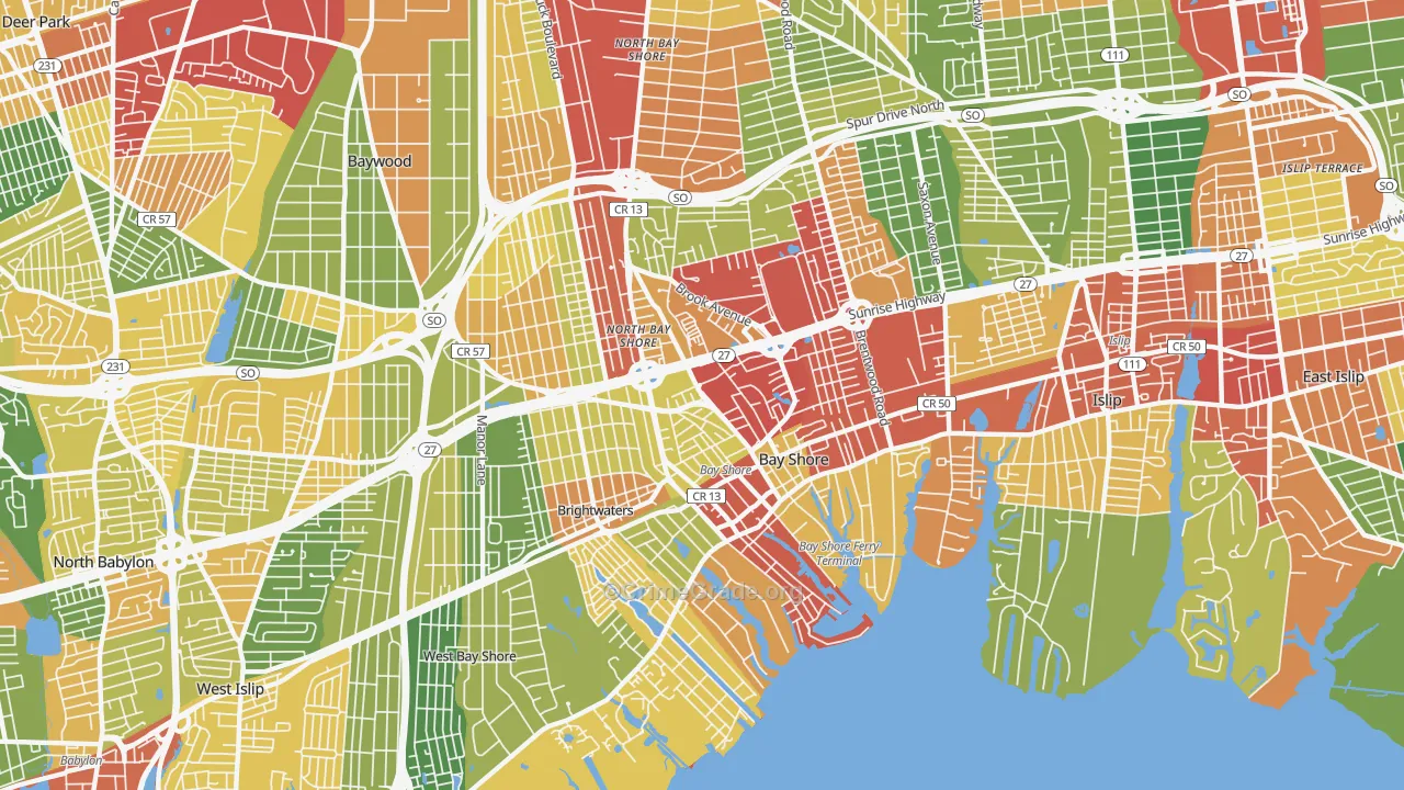 Bay Shore, NY Map of Robbery Rates