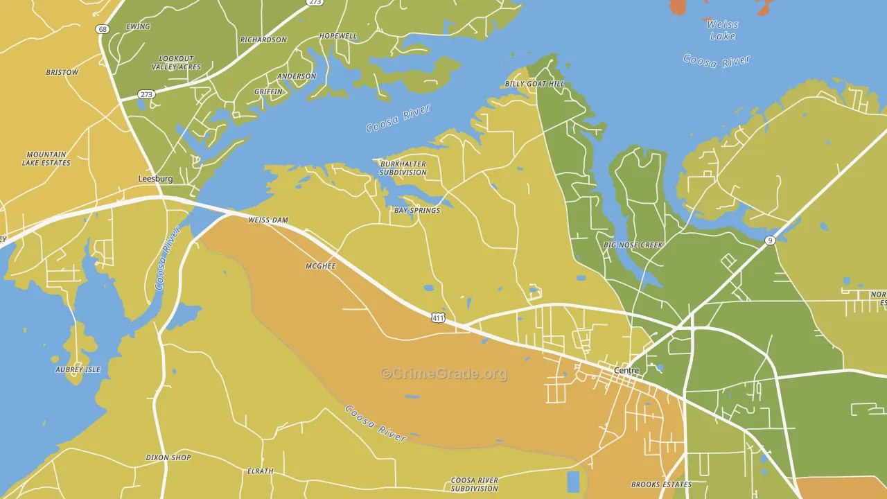 Bay Springs, AL Map of Robbery Rates