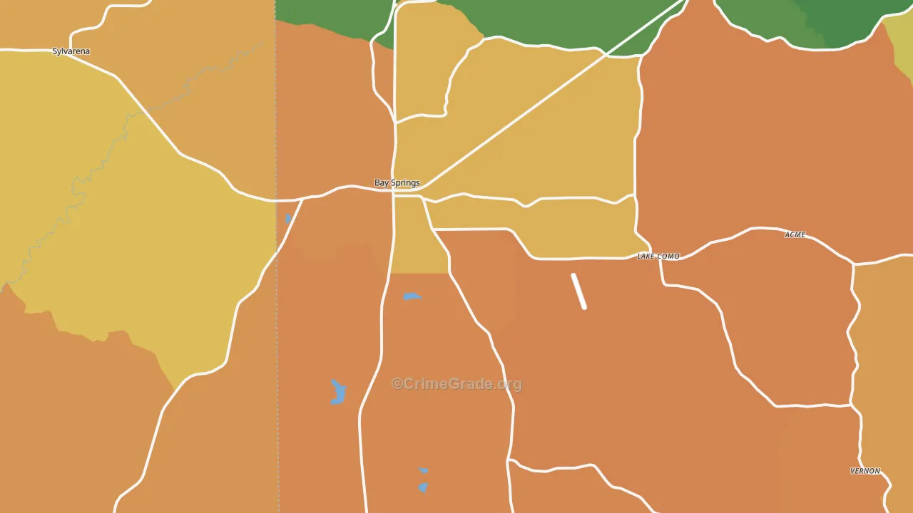 Bay Springs, MS Map of Robbery Rates
