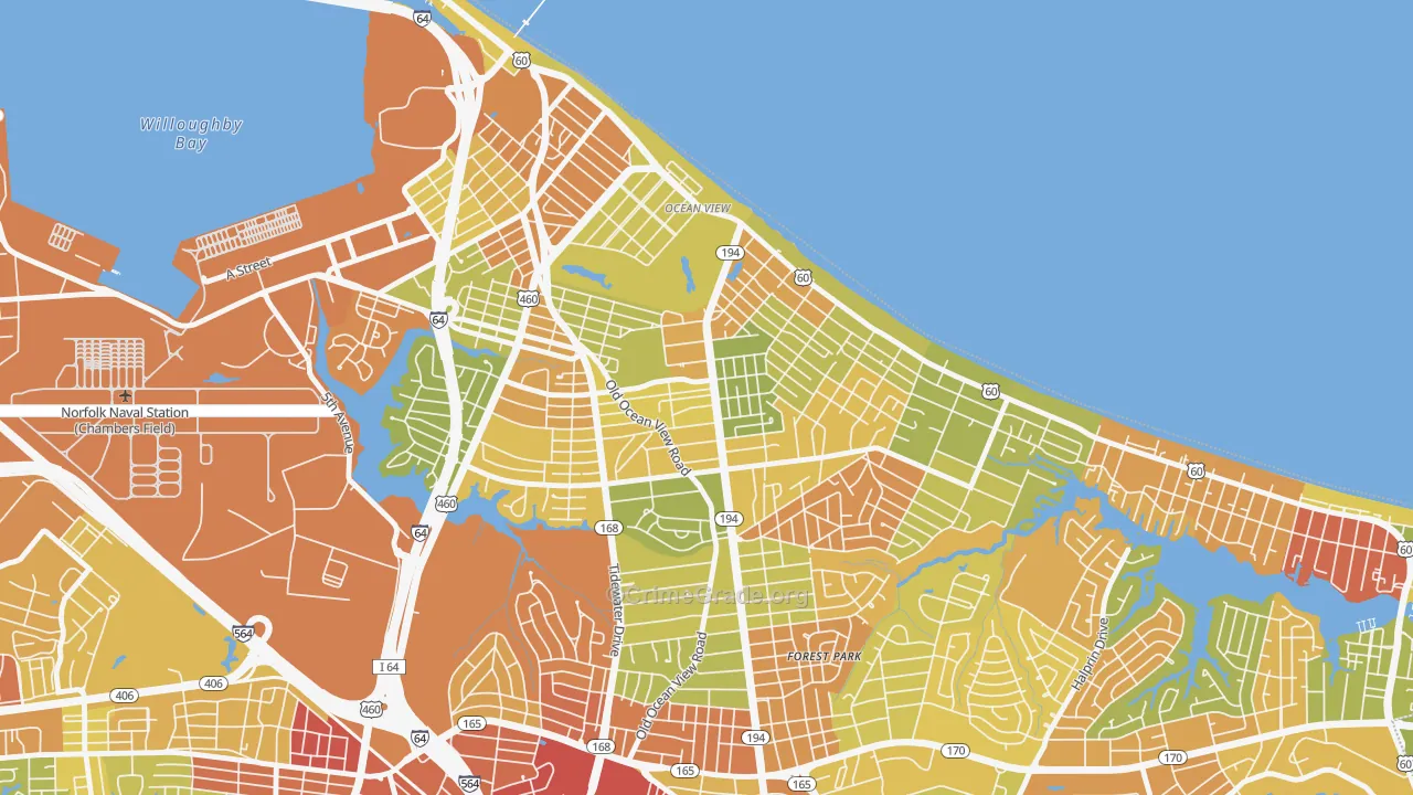 Bay View, Norfolk, VA Map of Robbery Rates
