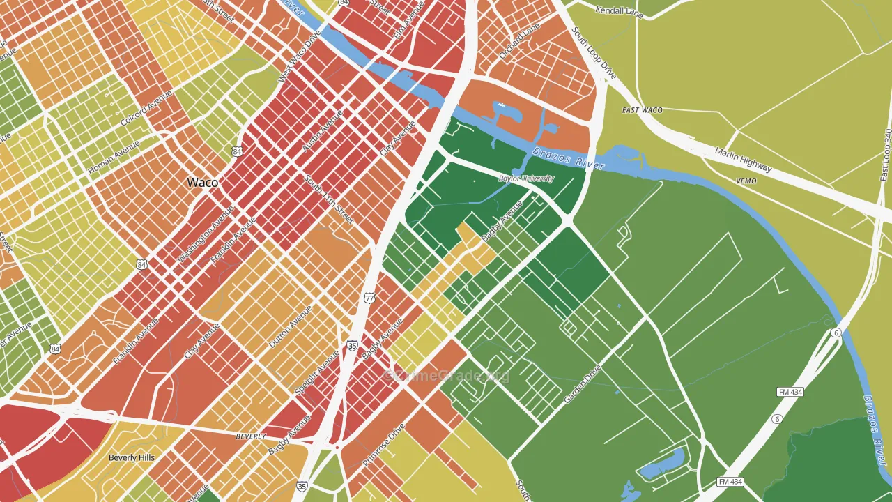 Baylor, Waco, TX Map of Robbery Rates