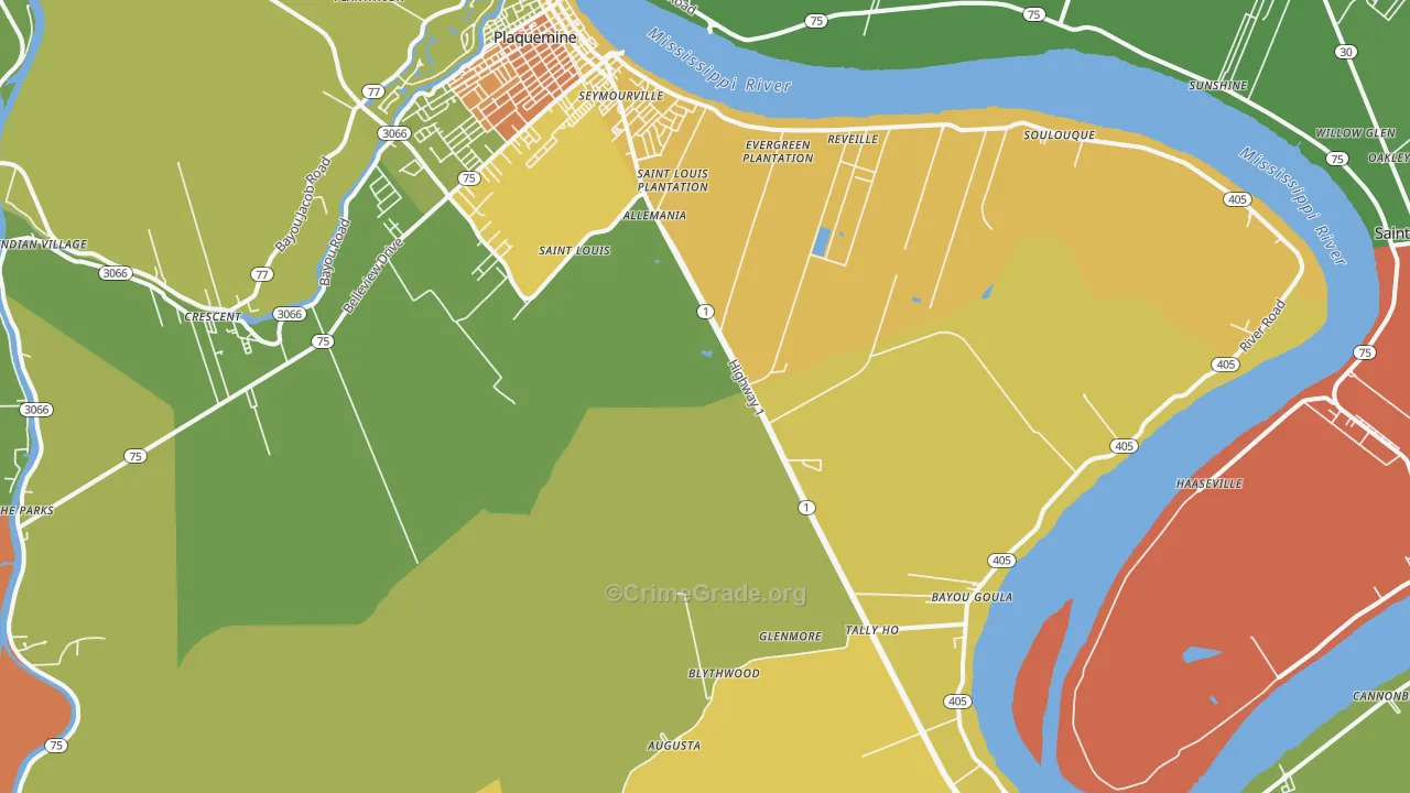 Bayou Goula, LA Map of Robbery Rates
