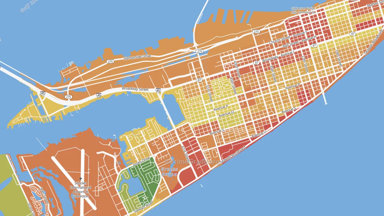 Bayou Shore, Galveston, TX Map of Robbery Rates