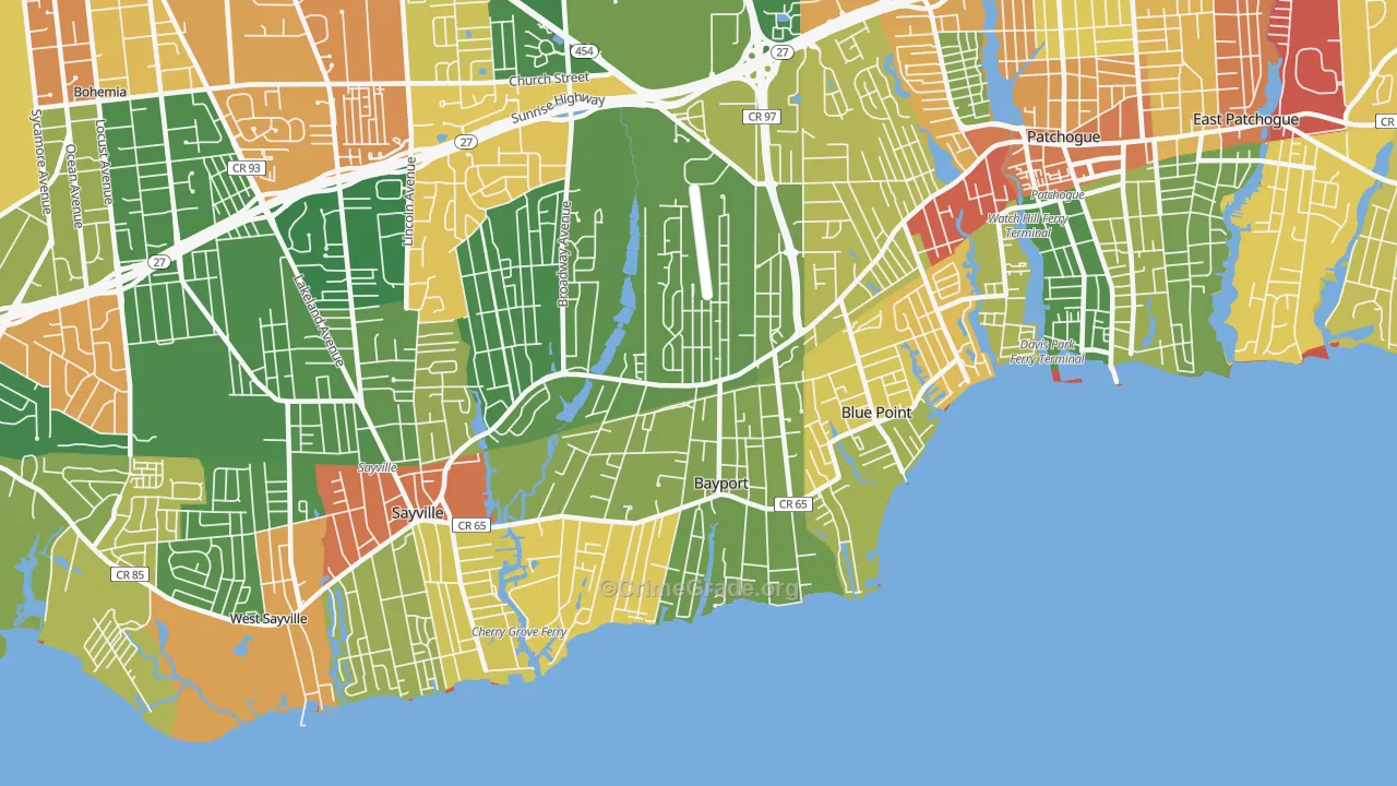 Bayport, NY Map of Robbery Rates