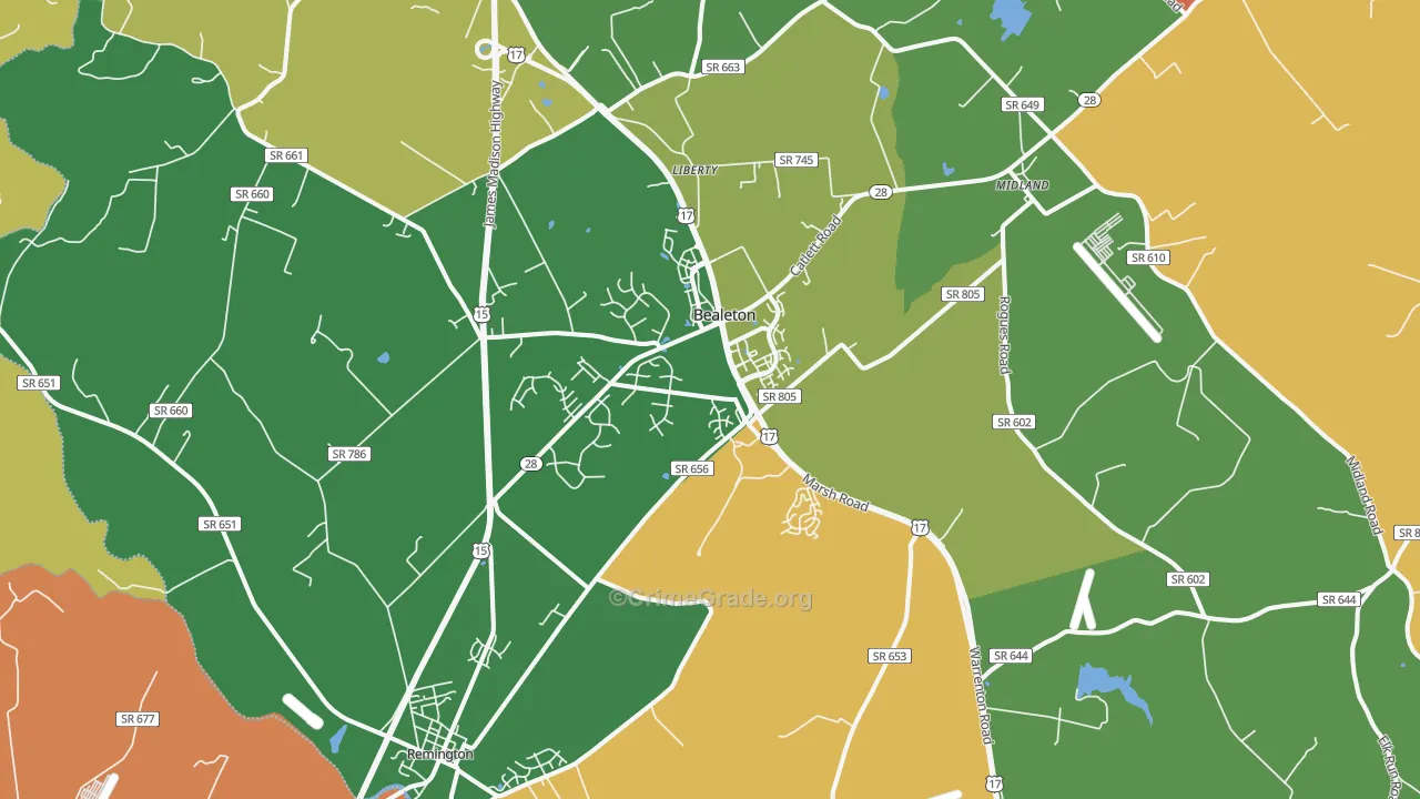 Bealeton, VA Map of Robbery Rates