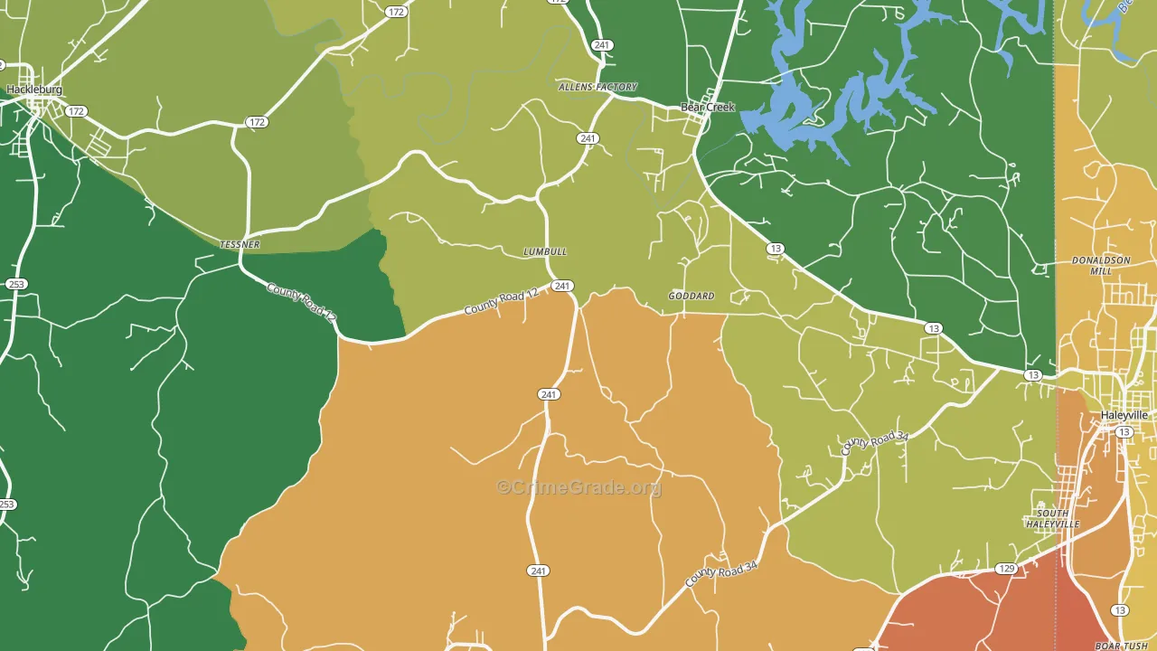 Bear Creek, AL Map of Robbery Rates