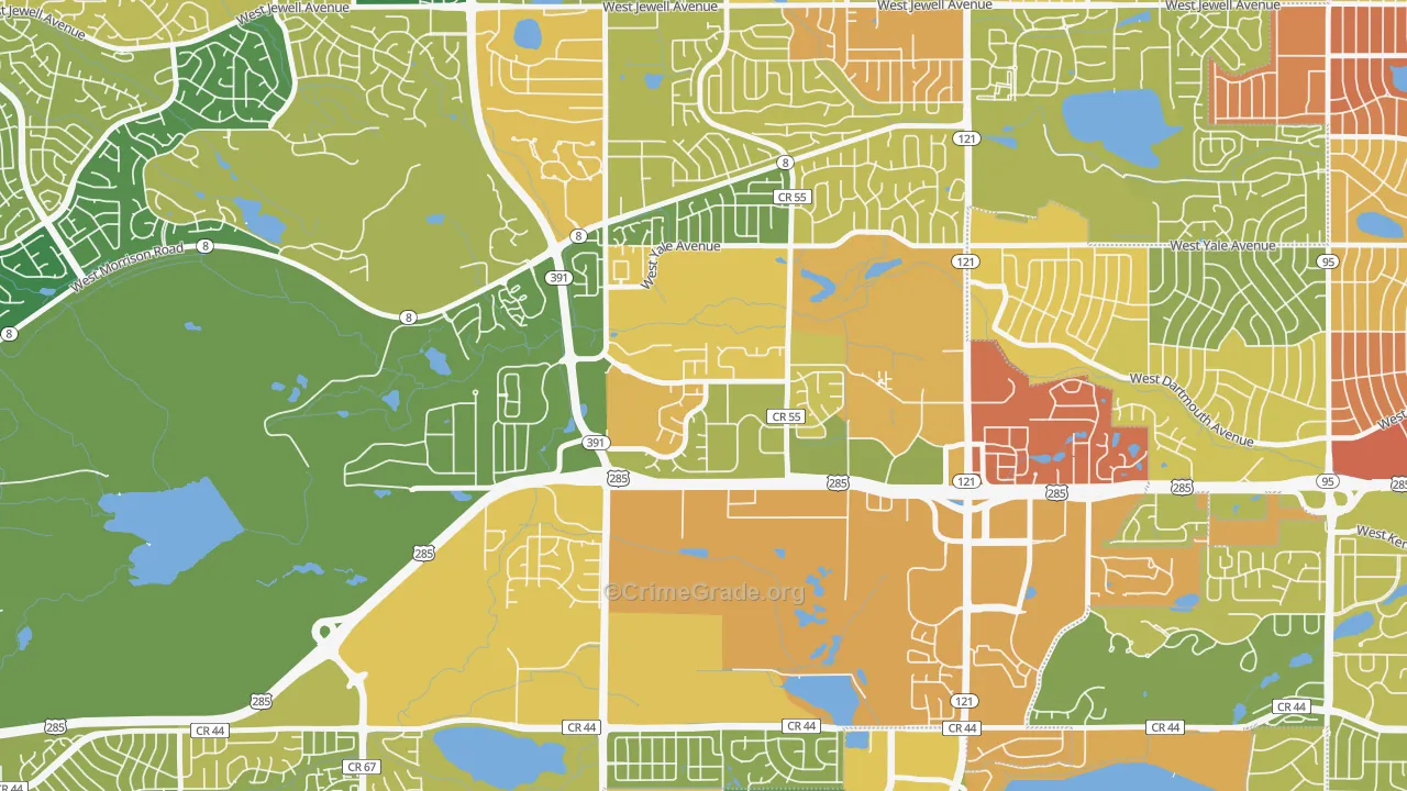 Bear Creek, Lakewood, CO Map of Robbery Rates