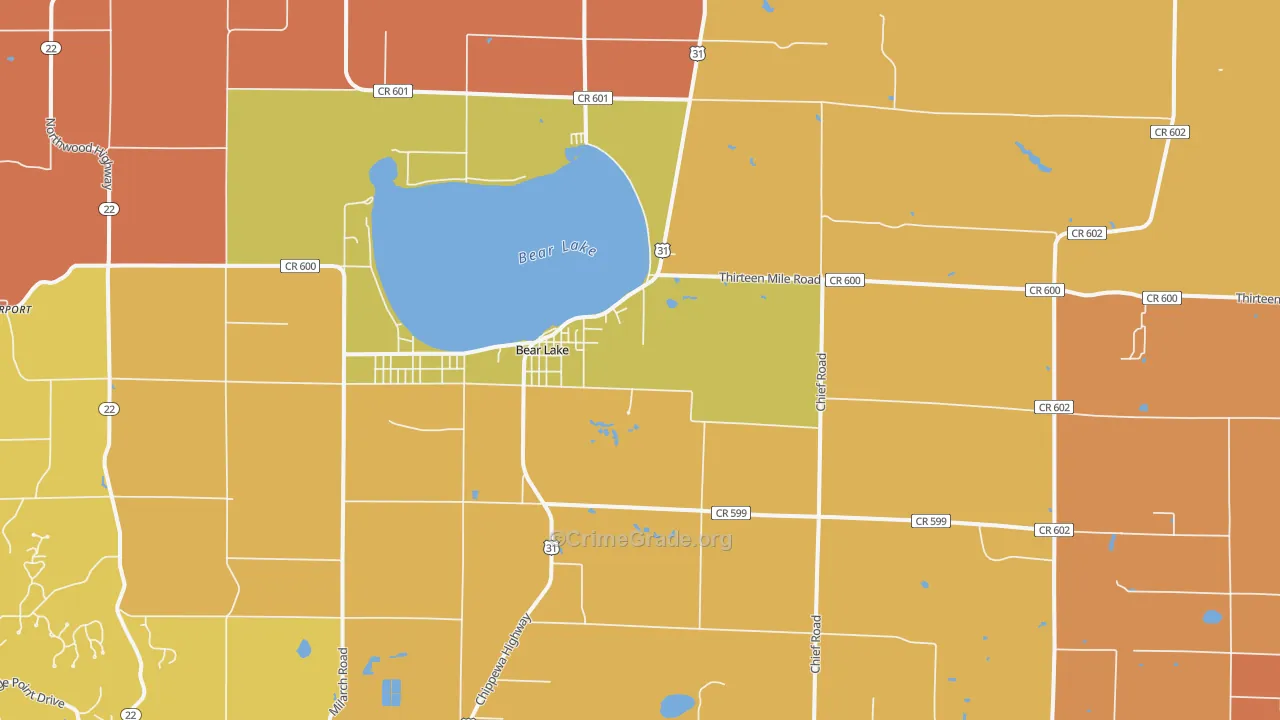 Bear Lake, MI Map of Robbery Rates