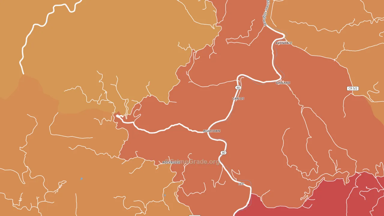 Beartown, WV Map of Robbery Rates